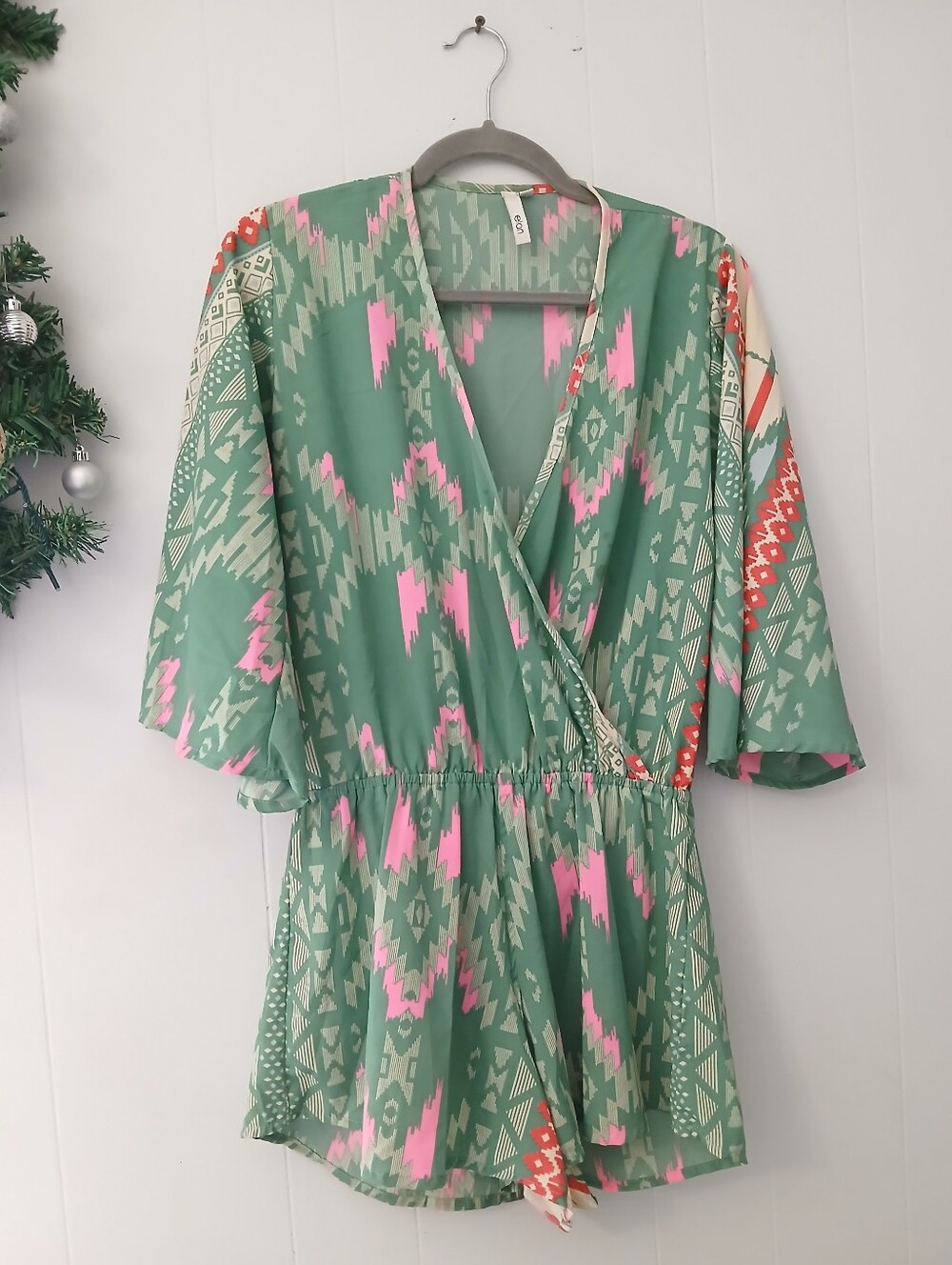 Elan Green Printed Wrap Romper with Pink & Coral Accents - Picture 2 of 4
